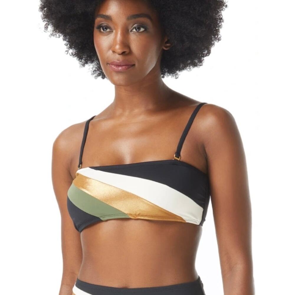 Vince Camuto Gold ShimmerColor Blocked Square Neck Bikini Top L NWT
